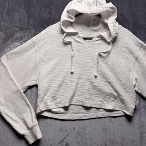 RAGWEAR Hoodie Womens Large White V Neck Textured Knit Crop Pullover Hooded